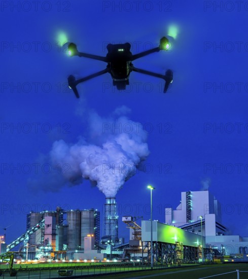 Symbolic image, photomontage, reconnaissance, spying with drones in industrial plants, critical infrastructure, drone flies towards an industrial complex, power plant, spying by camera drones