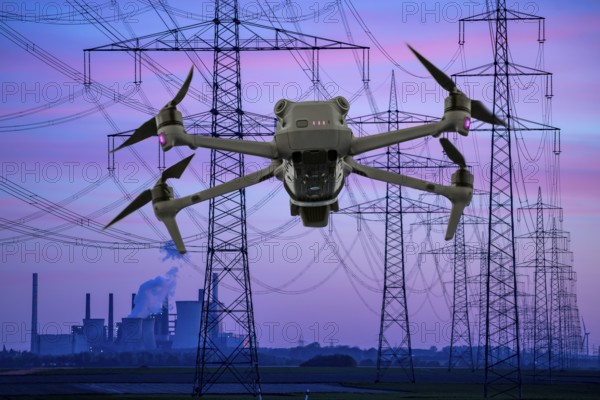 Symbolic image, photomontage, reconnaissance, spying with drones in industrial plants, critical infrastructure, drone flies towards an industrial complex, power plant, spying by camera drones