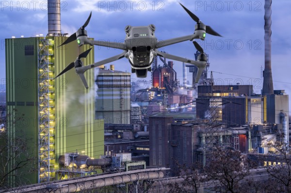 Symbolic image, photomontage, reconnaissance, spying with drones in industrial plants, critical infrastructure, drone flies towards an industrial complex, steelworks, spying by camera drones