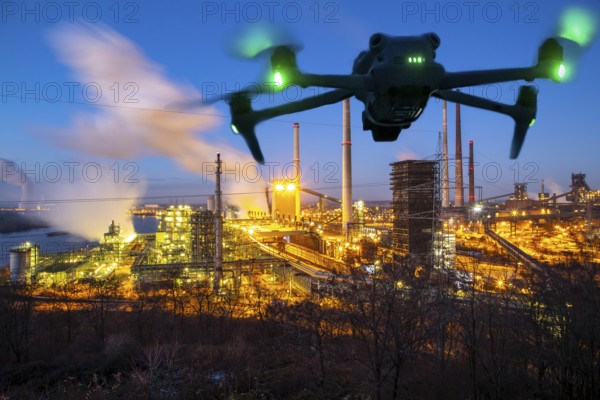 Symbolic image, photomontage, reconnaissance, spying with drones in industrial plants, critical infrastructure, drone flies towards an industrial complex, steelworks, spying by camera drones