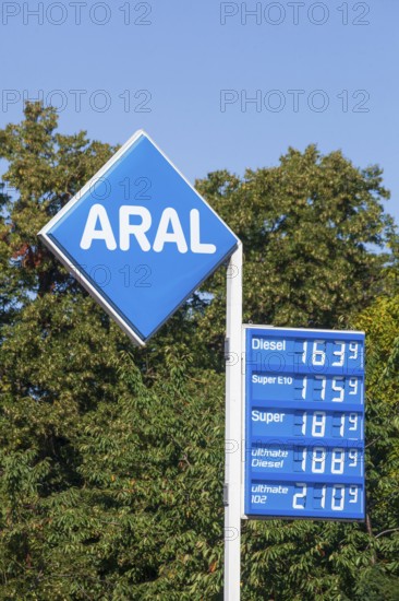 Aral logo and price board at an Aral petrol station, Germany