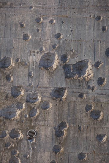 Bullet holes from the Second World War on an air raid shelter, Bremen, Germany
