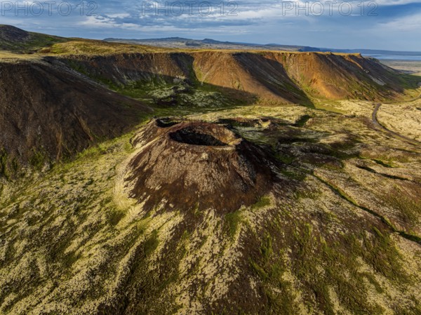 Volcano, crater, aerial view, evening light, summer, Eldborg, Reykjanes Peninsula, Iceland