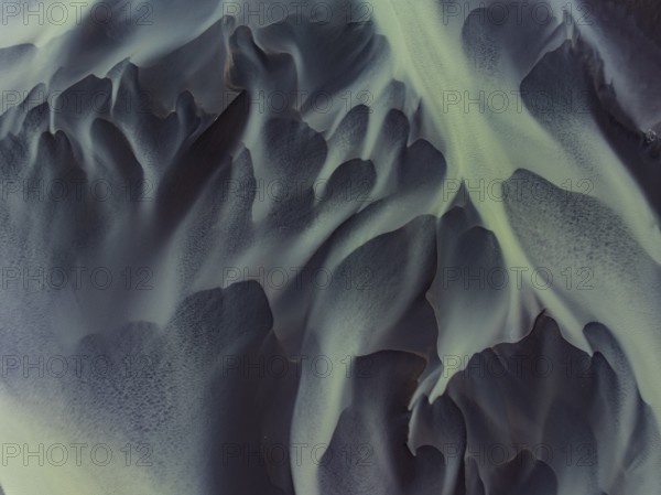 River, river course, river delta, water flows, structures, sediments, aerial view, summer, South Iceland, Iceland