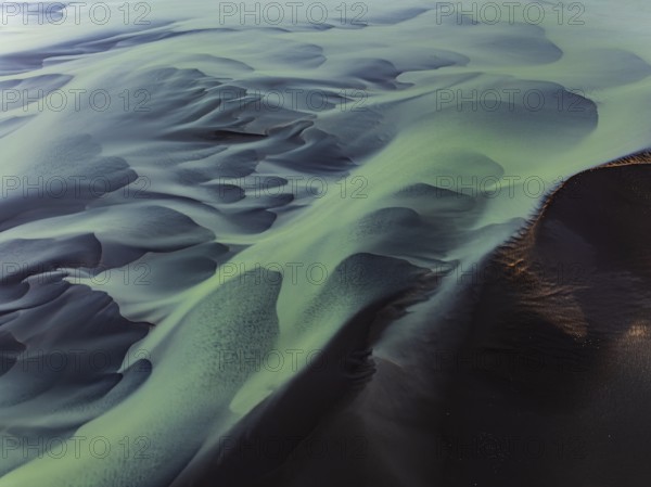 River, river course, river delta, water flows, structures, sediments, aerial view, summer, South Iceland, Iceland