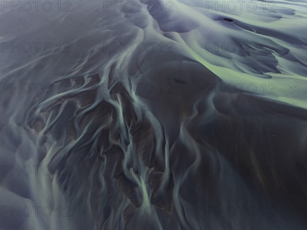 River, river course, river delta, water flows, structures, sediments, aerial view, summer, South Iceland, Iceland