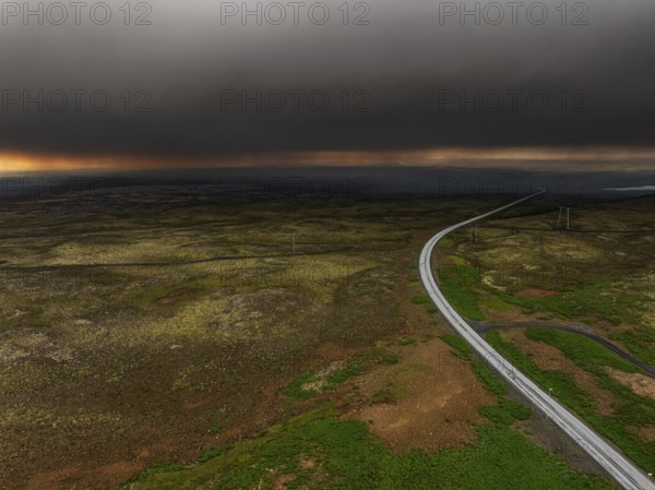 Volcano, volcanic eruption, ash cloud, road, aerial view, Sundhnúkur crater chain, July 2025, Reykjanes Peninsula, Iceland