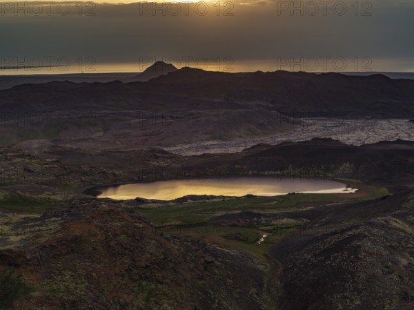 Mountain landscape, cloudy mood, lake, backlight, aerial view, evening light, summer, Reykjanes Peninsula, Iceland