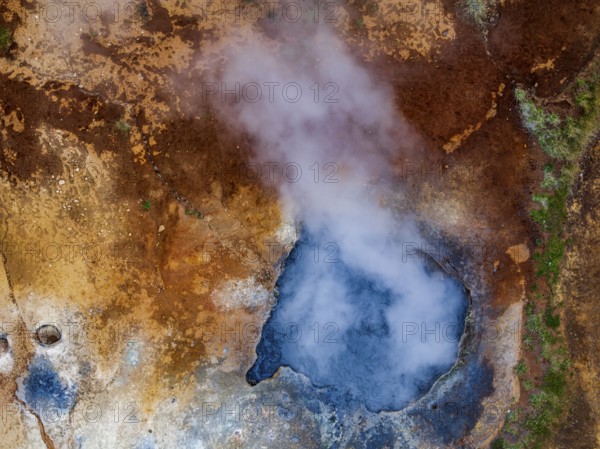 Hot springs, aerial view, evening light, summer, Krysuvik, Reykjanes Peninsula, Iceland