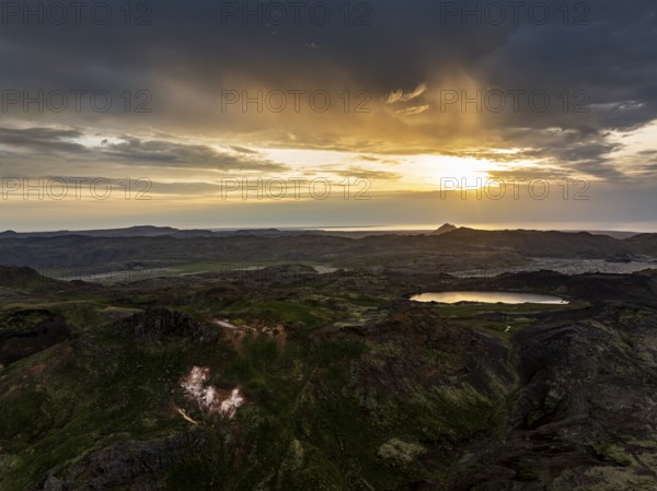 Mountain landscape, cloudy mood, lake, backlight, aerial view, evening light, summer, Reykjanes Peninsula, Iceland