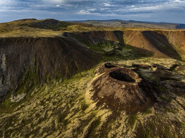 Volcano, crater, aerial view, evening light, summer, Eldborg, Reykjanes Peninsula, Iceland