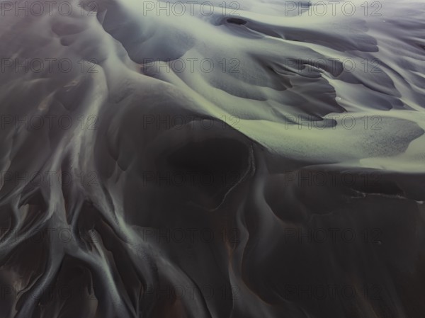 River, river course, river delta, water flows, structures, sediments, aerial view, summer, South Iceland, Iceland
