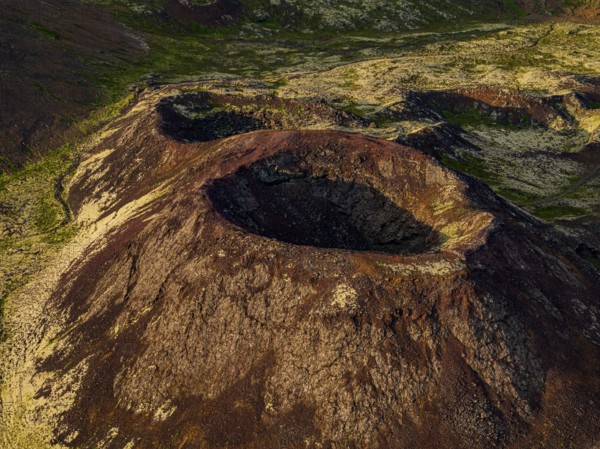 Volcano, crater, aerial view, evening light, summer, Eldborg, Reykjanes Peninsula, Iceland