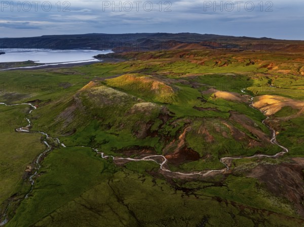 Mountain landscape, hot springs, aerial view, evening light, summer, Krysuvik, Reykjanes Peninsula, Iceland