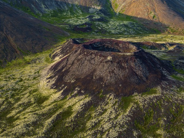 Volcano, crater, aerial view, evening light, summer, Eldborg, Reykjanes Peninsula, Iceland