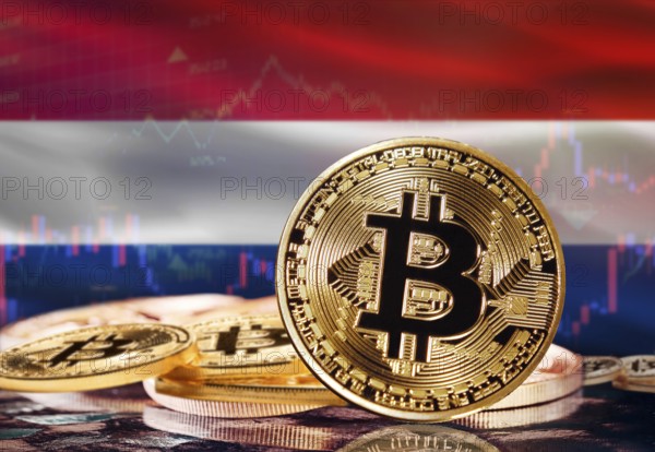 Bitcoin with Netherlands flag in the background. Investors in cryptocurrency and Blockchain Technology in Netherlands, Concept