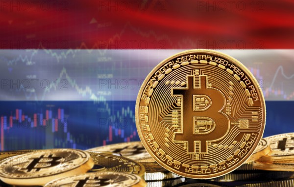 Investors in cryptocurrency and Blockchain Technology in Netherlands, Concept. Bitcoin with Netherlands flag in the background