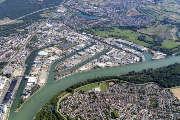 Rheinauhafen, Mannheim, Baden-Württemberg, barge, Rhine, harbour, transshipment, logistics, Germany, aerial view, aerial view