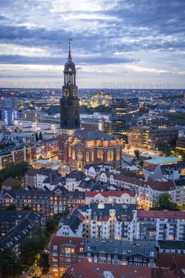 Aerial view of St Michael's Church with a view of the Hamburg bunker at blue hour, Hamburg, Germany