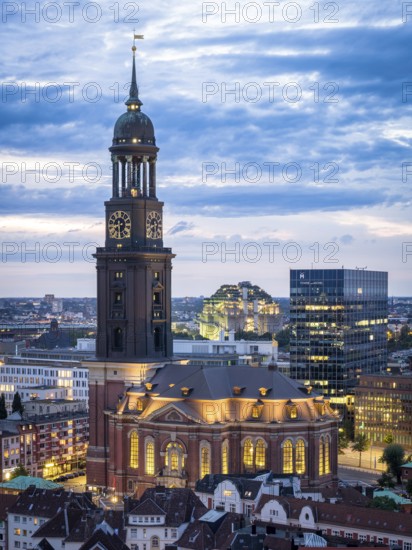 Aerial view of St Michael's Church with a view of the Hamburg bunker at blue hour, Hamburg, Germany
