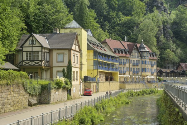 Old buildings, Hotel Praha an der Kamnitz, Hrensko, Czech Republic