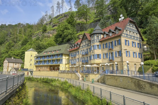 Old buildings, Hotel Praha an der Kamnitz, Hrensko, Czech Republic
