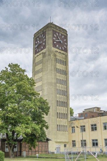 Clock tower of the old sewing machine factory, Bad Wilsnacker Straße, Wittenberge, district of Prignitz, Brandenburg, Germany