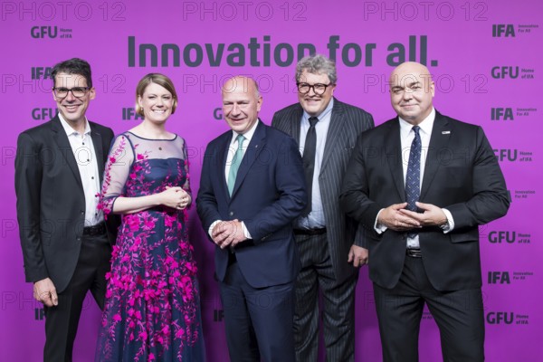 Panasonic CEO, Sara Warneke (Managing Director of gfu Consumer & Home Electronics GmbH), Kai Wegner (Governing Mayor of Berlin, CDU), Dr Reinhard Zinkann (Managing Partner of Miele) and Leif-Erik Lindner (Managing Director of IFA Management GmbH) in front of the IFA Funkausstellung opening gala in the CityCube, Berlin, 4 September 2025