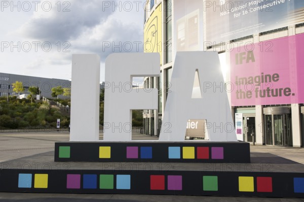The IFA logo stands in front of the south entrance of Messe Berlin at the IFA consumer electronics exhibition on the exhibition grounds, Berlin, 04/09/2025