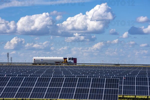 86, 5 MW peak ground-mounted photovoltaic systems, by RWE, with over 141, 000 solar modules, on a verge, over 1 km long, along the A44 motorway near Bedburg, at the Jackerath junction, recultivated open-cast mining site, field with sunflowers, North Rhine-Westphalia, Germany