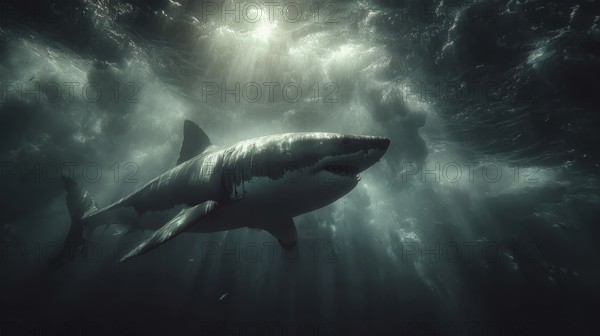 A shark swims majestically through dark water, illuminated by rays of sunlight, AI generated