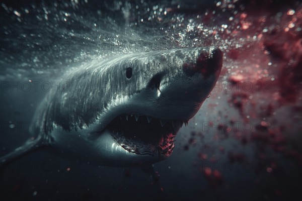 A shark swims menacingly in blood-soaked water with open mouth and sharp teeth, AI generated, AI generated