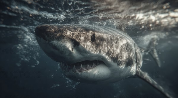 A shark swims near the surface in dark water, AI generated, AI generated