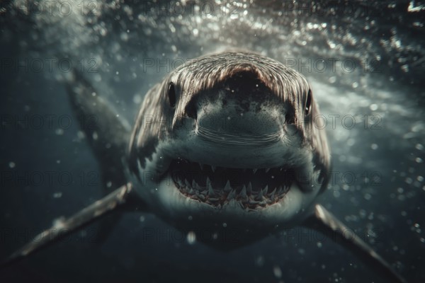 Close-up of a shark underwater, looking menacingly at the camera, AI generated, AI generated