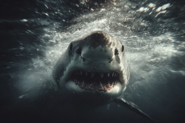 A shark in front view approaches menacingly under water, AI generated, AI generated