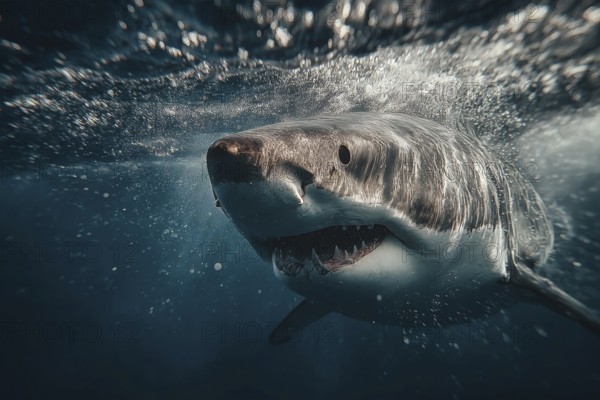 A shark swims rapidly through the water, surrounded by splashing water, AI generated