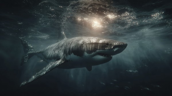 A shark swims in deep water, illuminated by rays of sunlight in a dark and mystical atmosphere, AI generated, AI generated