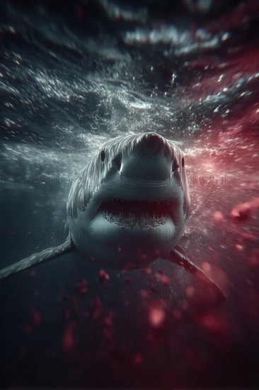 Close-up of a shark swimming menacingly in blood-soaked water, AI generated