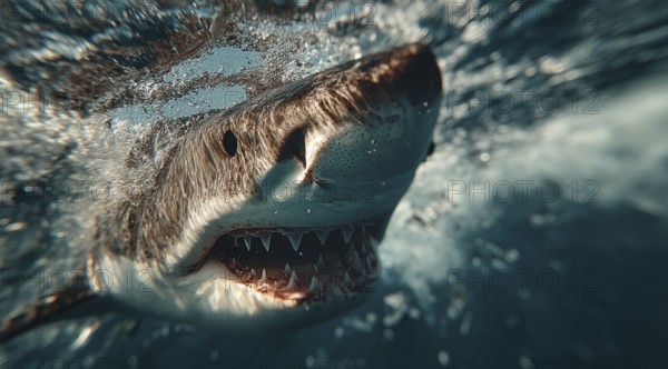 A shark swims dynamically underwater, with open jaws and visible teeth in a blue environment, AI generated, AI generated