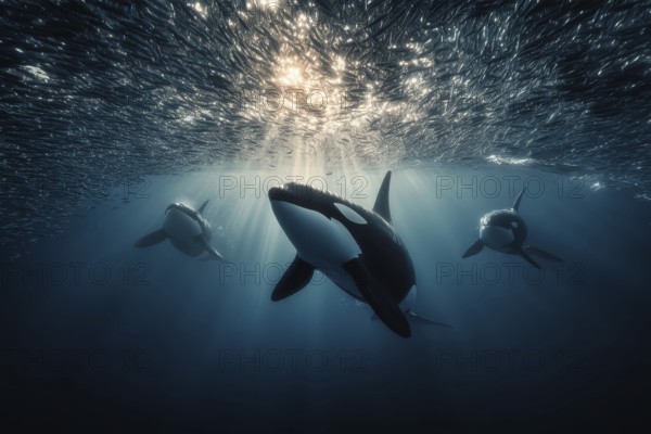 Three orcas swim underwater in a shoal of herring in the penetrating sunlight, AI generated, AI generated