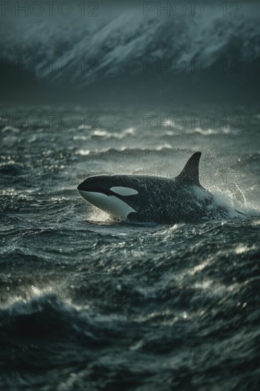 An orca crosses the stormy and wavy sea in rough weather conditions, AI generated, AI generated