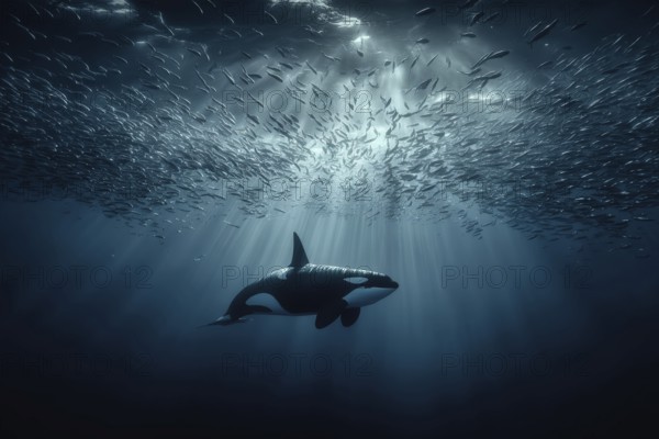 An orca swims beneath a swarm of herring in the oceanic depths, pierced by sunlight, AI generated, AI generated