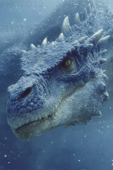 Portrait, close-up of an underwater dinosaur, dinosaur under the water surface, illuminated by sun rays, conveys calm underwater world, AI generated