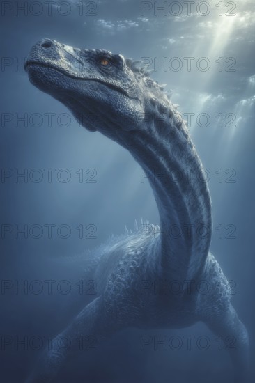 Long-necked underwater dinosaur, dinosaur swims majestically under the water surface, illuminated by sun rays, AI generated, AI generated