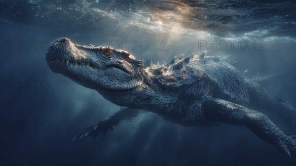 A dinosaur underwater dinosaur, dinosaur swims majestically under the water surface, illuminated by sun rays, AI generated, AI generated
