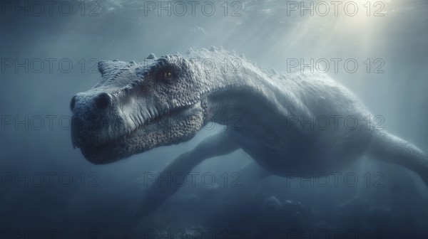 A dinosaur underwater dinosaur, dinosaur swims majestically under the water surface, illuminated by sun rays, AI generated, AI generated