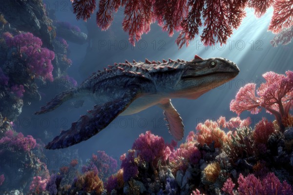 A dinosaur, underwater dinosaur, pliosaur swims through a colourful underwater world with sunbeams and corals, AI generated, AI generated