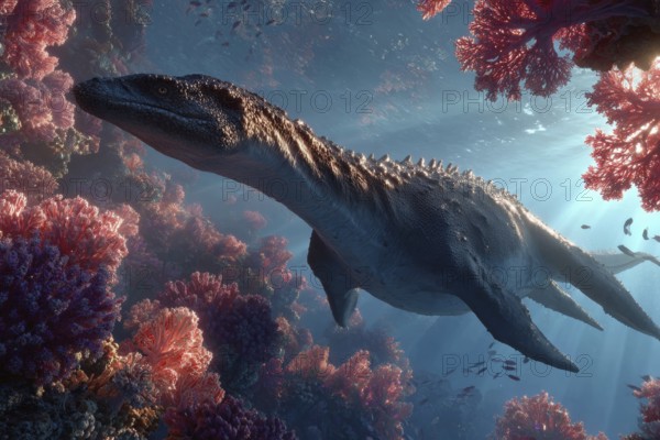 A dinosaur, underwater dinosaur, pliosaur swims through a colourful underwater world with sunbeams and corals, AI generated, AI generated