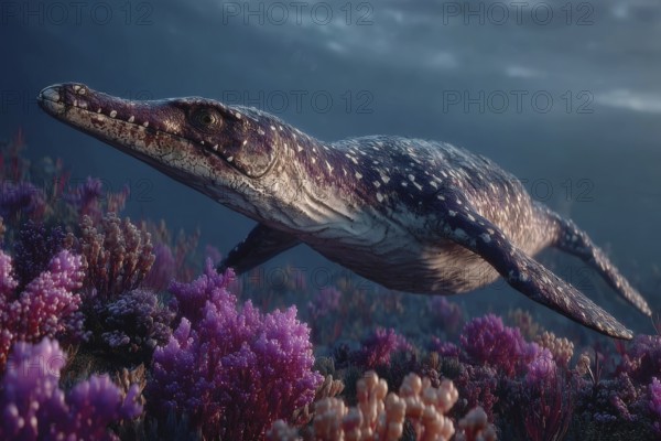 A dinosaur, underwater dinosaur, pliosaur swims through a colourful underwater world with sunbeams and corals, AI generated, AI generated