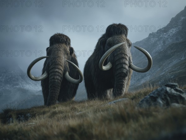 Two mammoths stand in a misty, mountainous landscape that conveys a dark and menacing atmosphere, AI generated, AI generated